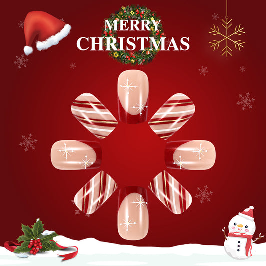 Festive Cheer Short Square Red and White Striped Design with Snowflake Accents Press-On Nail Set