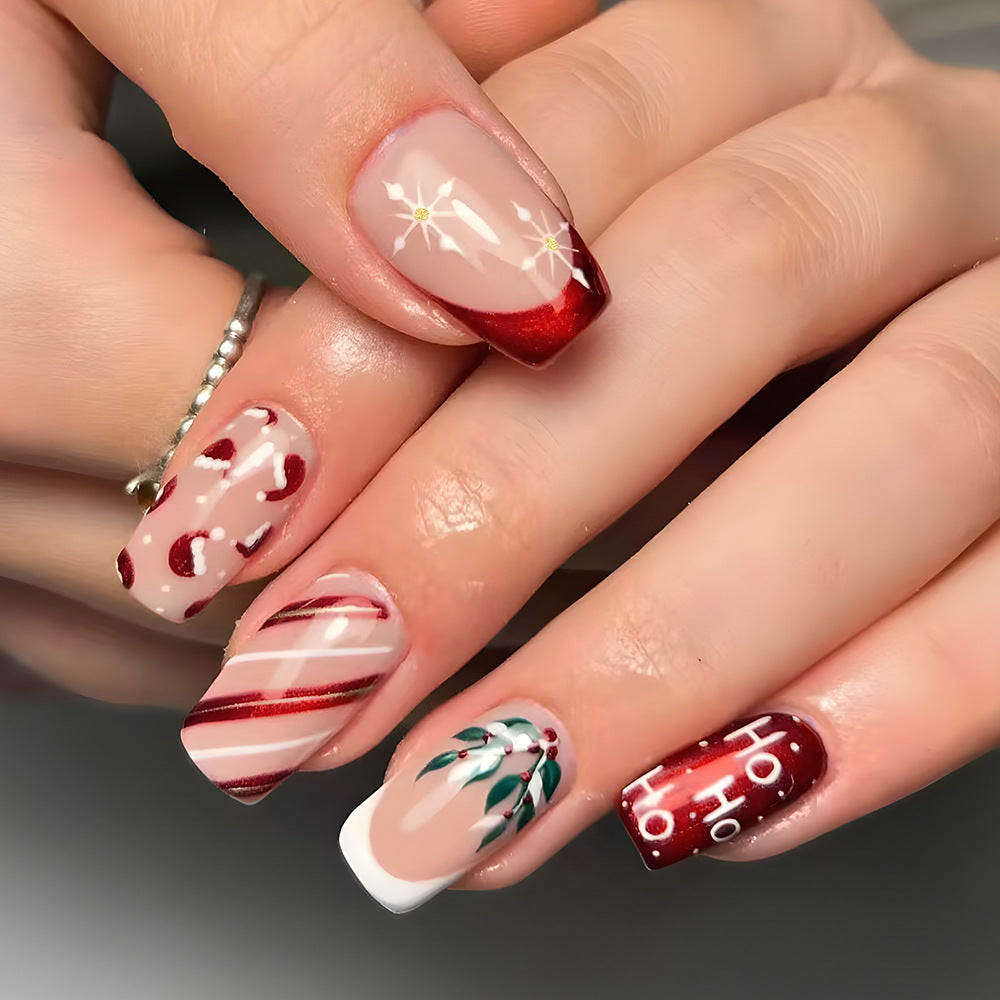 Festive Glamour Short Square Burgundy and Beige Press-On Nail Set with Holiday Themed Designs