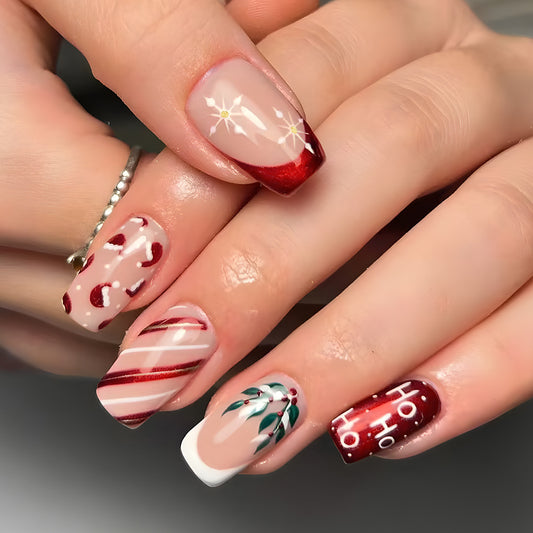 Festive Glamour Short Square Burgundy and Beige Press-On Nail Set with Holiday Themed Designs