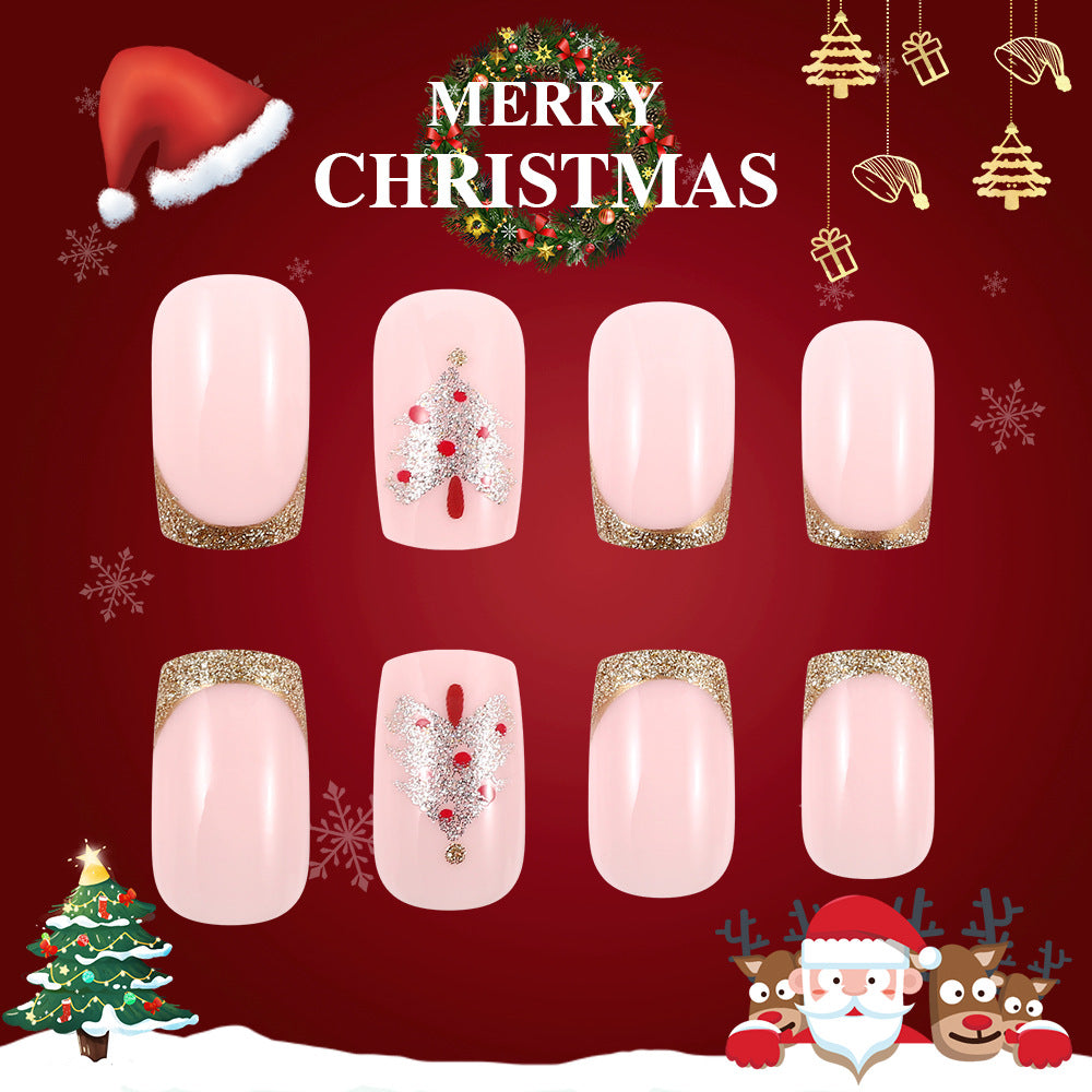 Festive Joy Glamorous Short Square Pastel Pink with Gold Glitter and Holiday Tree Design Nail Set
