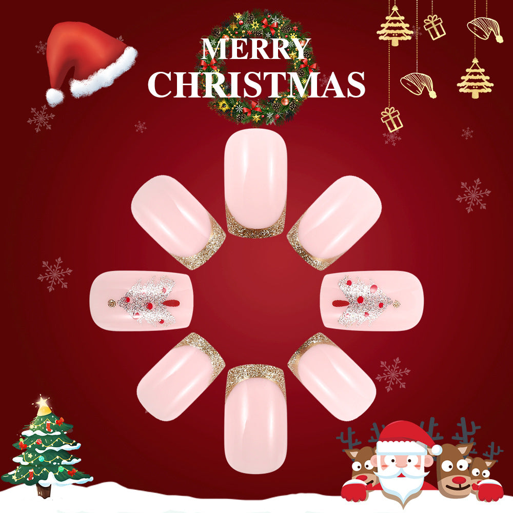 Festive Elegance Short Square Blush Pink with Glitter Accents and Holiday Tree Design Press On Nail Set