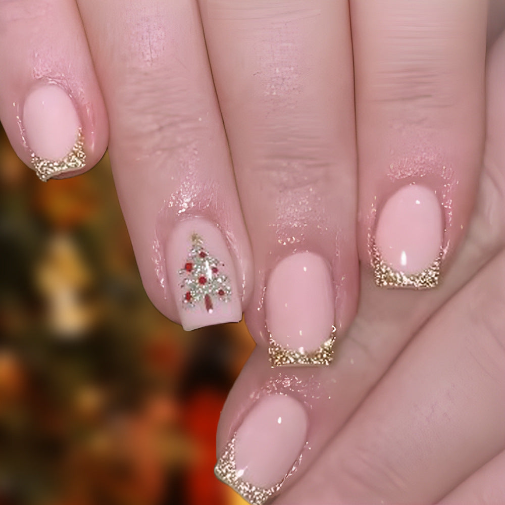 Festive Elegance Short Square Pink Nails with Gold Glitter Tips and Charming Holiday Tree Design