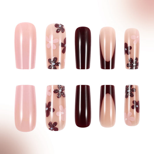 Chic Floral Elegance Long Square Soft Pink and Deep Burgundy Press On Nail Set with Sparkling Flower Accents