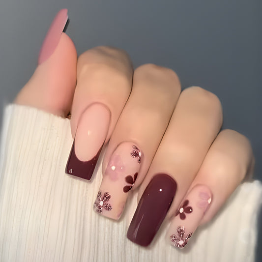 Floral Elegance Long Square Burgundy and Pink Ombre Press On Nail Set with Dazzling Flower Accents