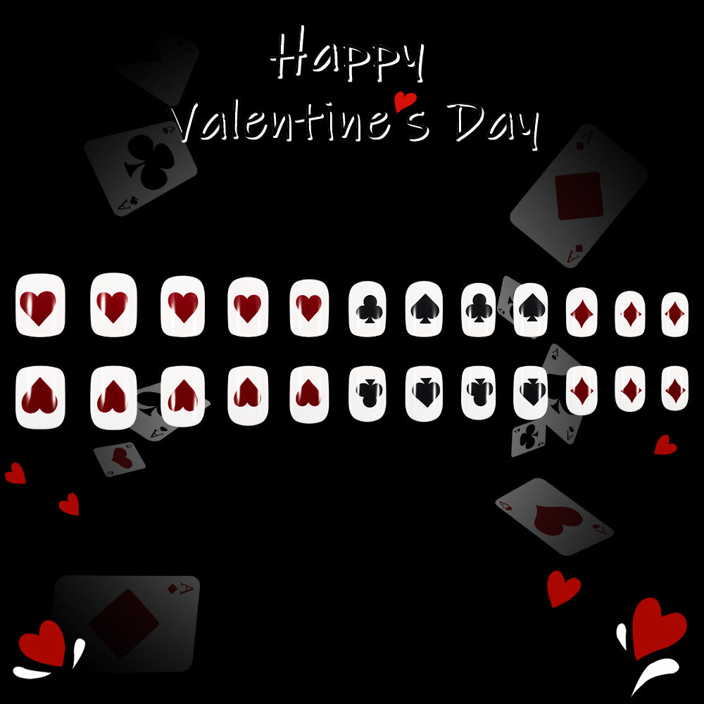 Romantic Hearts Theme Short Square Red and Black Press on Nail Set with Card Suit Designs