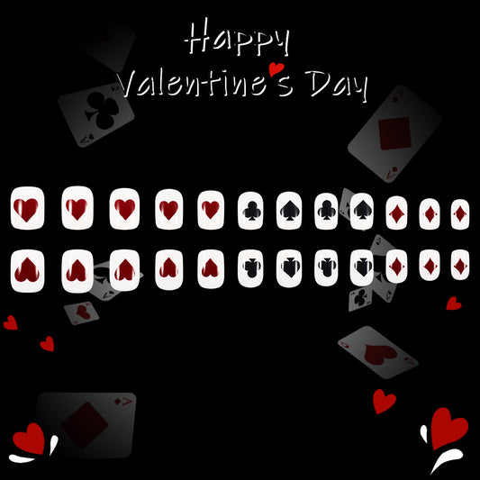 Romantic Hearts Theme Short Square Red and Black Press on Nail Set with Card Suit Designs