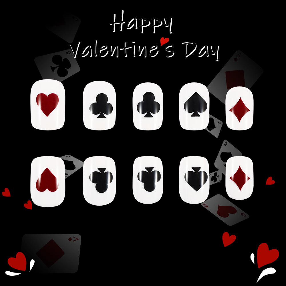 Valentine's Day Themed Short Squoval Red and Black Playing Card Design Press on Nail Set