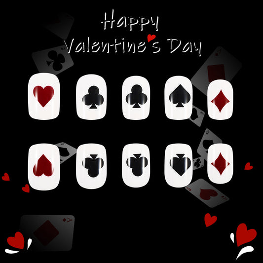 Valentine's Day Themed Short Squoval Red and Black Playing Card Design Press on Nail Set