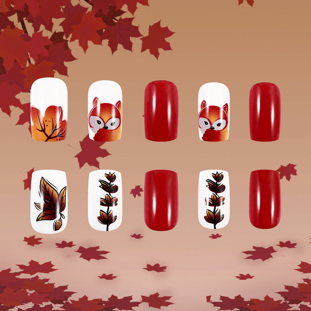 Autumn Whimsy Short Square Red Nails with Adorable Fox and Leaf Artistry