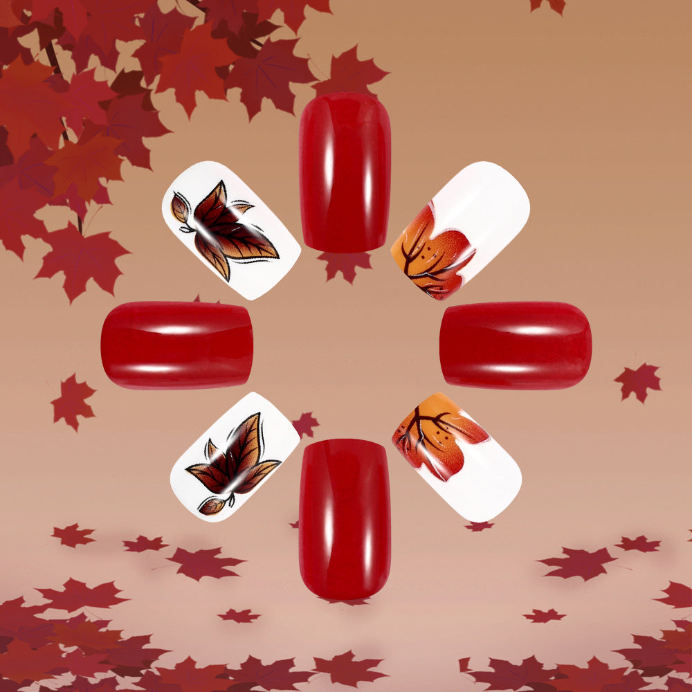 Autumn Vibes Short Square Red and White Press-On Nail Set with Leaf Art Design