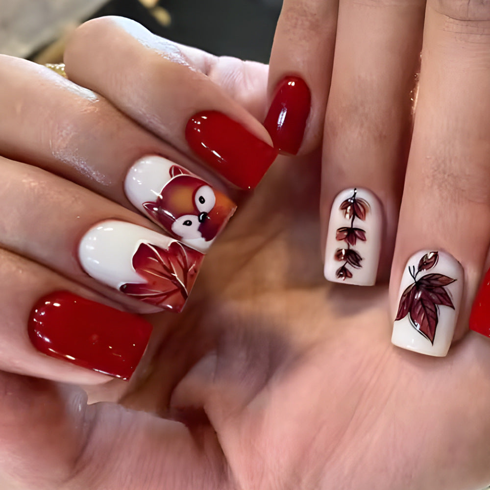 Autumn Whimsy Medium Square Red with Fox and Leaf Designs Press-on Nail Set