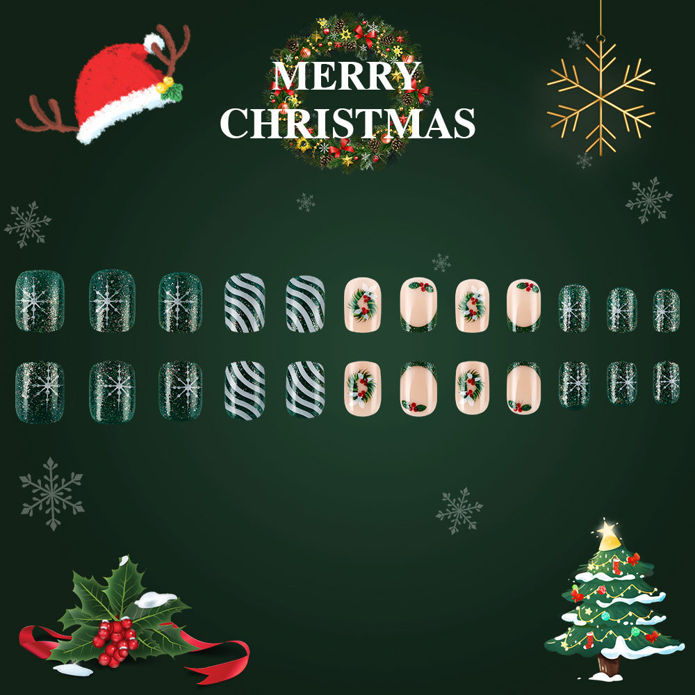 Nail art design set with Christmas-themed decorations on a green background