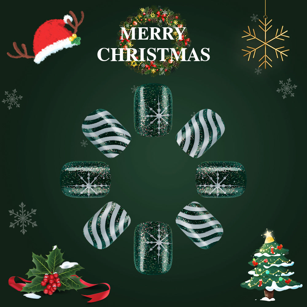 Festive Holiday Charm Green Glittery Short Square Press On Nail Set with Stripes and Snowflake Design