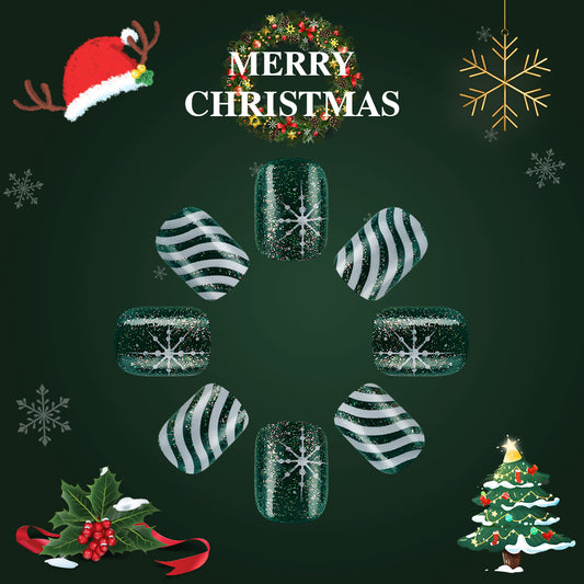 Festive Holiday Charm Green Glittery Short Square Press On Nail Set with Stripes and Snowflake Design