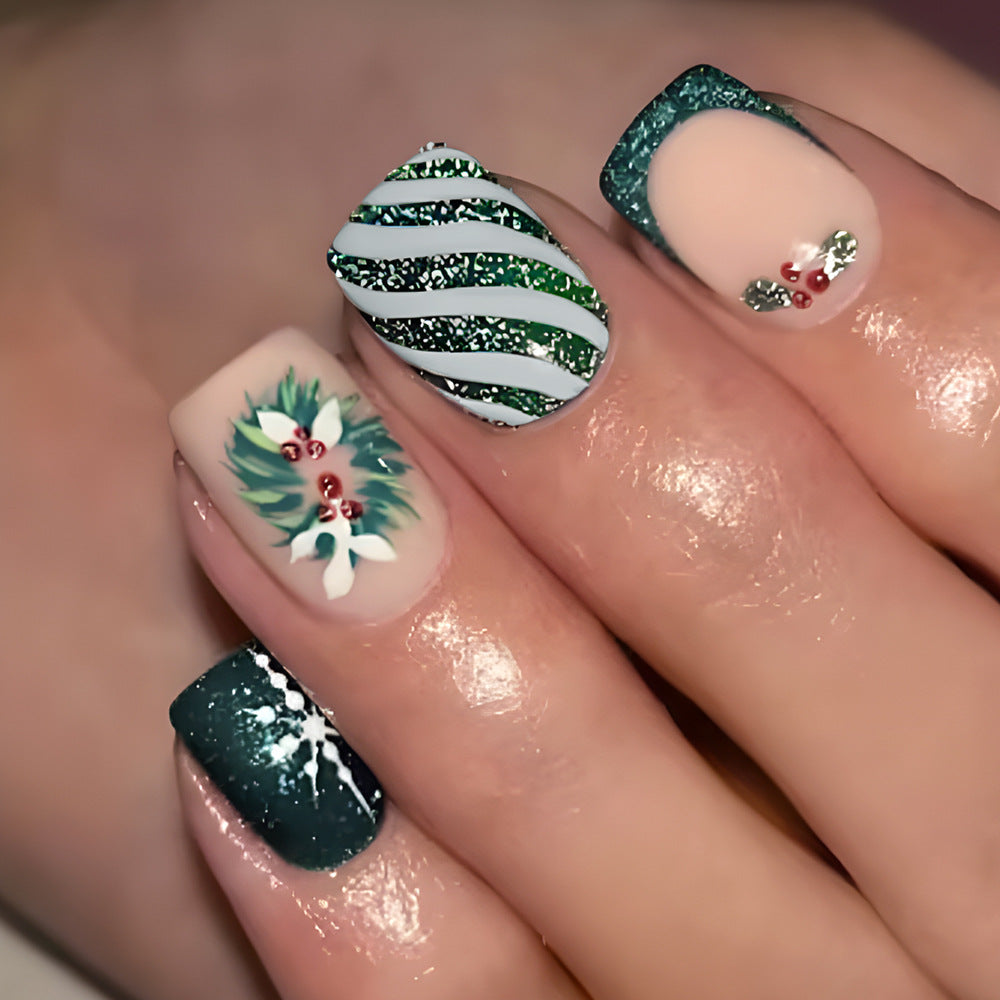 Festive Green Short Square Press On Nail Set with Glittery Finish and Holiday Designs