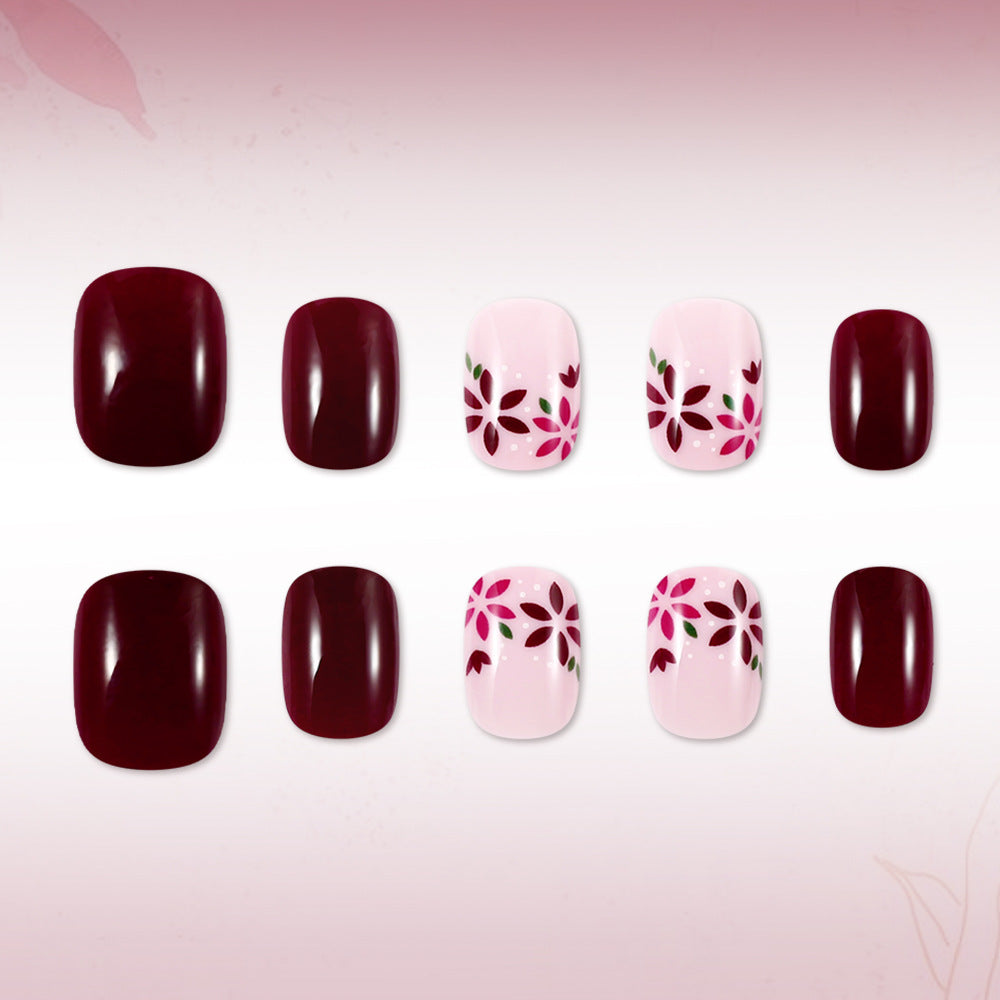 Charming Floral Elegance Short Square Deep Burgundy with Delicate Blossom Design Press On Nail Set