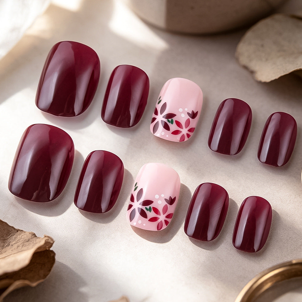 Blush Blossom Short Square Deep Red with Floral Accents Press-On Nail Set