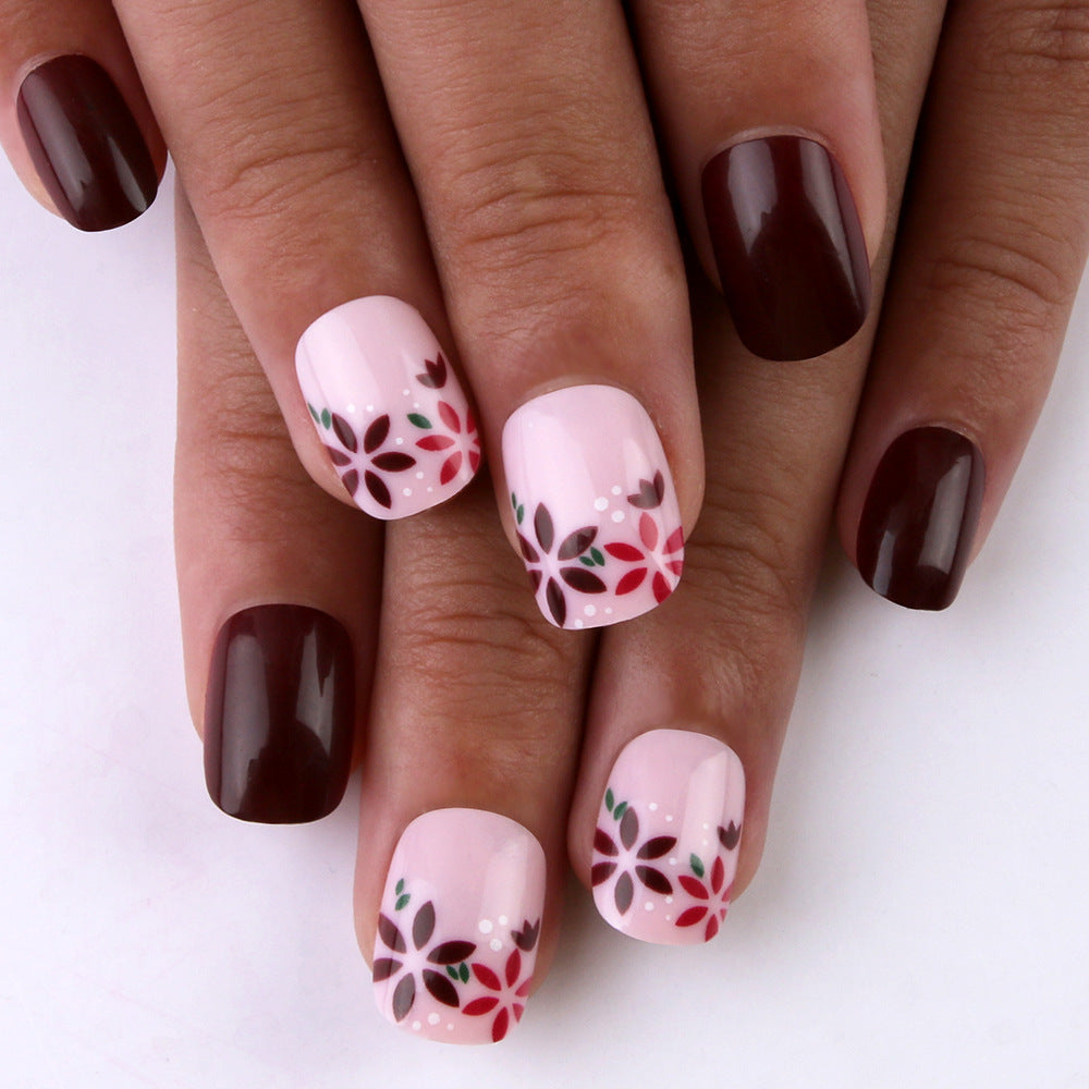 Chic Floral Escape Short Square Burgundy and Blush with Elegant Flower Design Press-On Nail Set