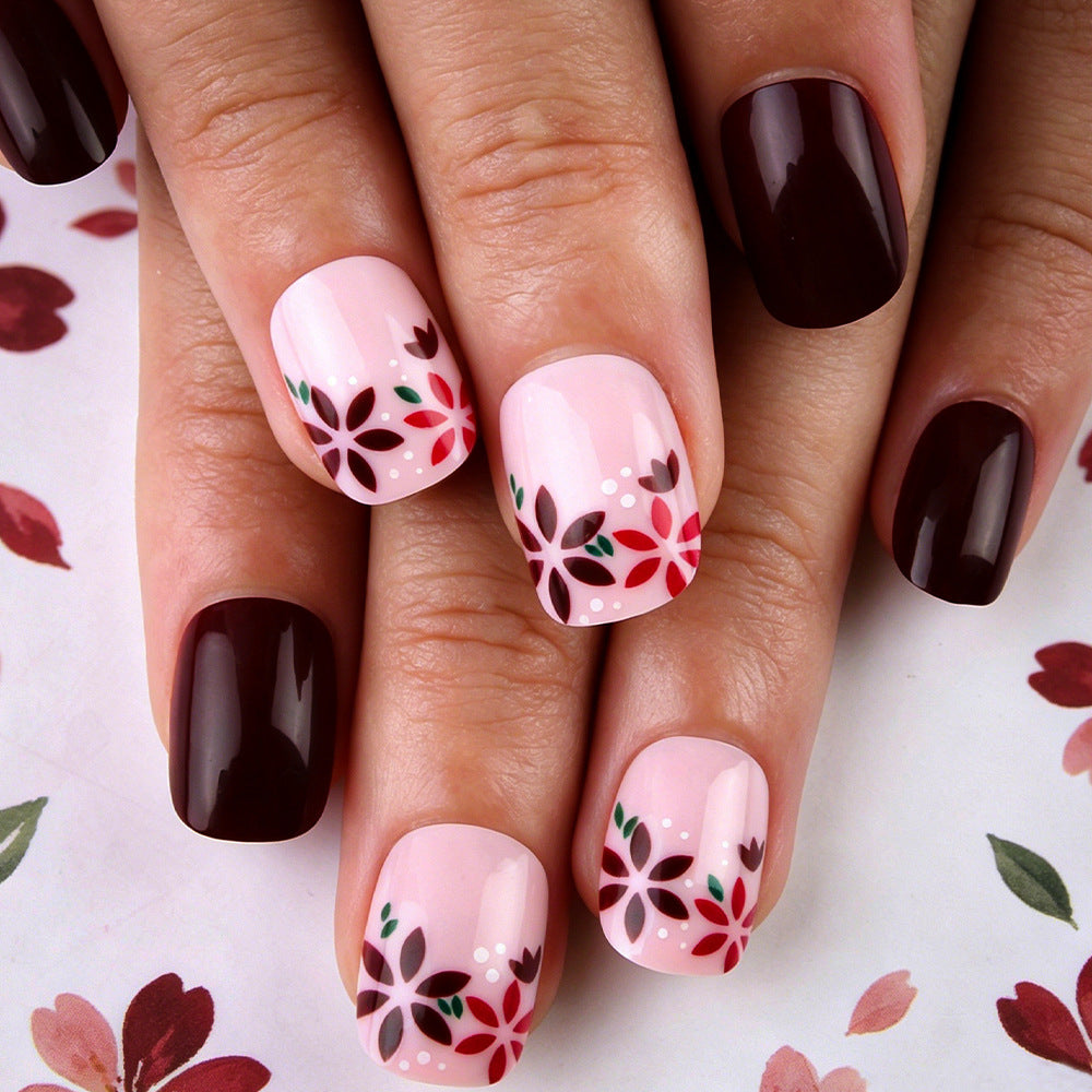Floral Elegance Short Square Burgundy and Pink Floral Design Press On Nail Set