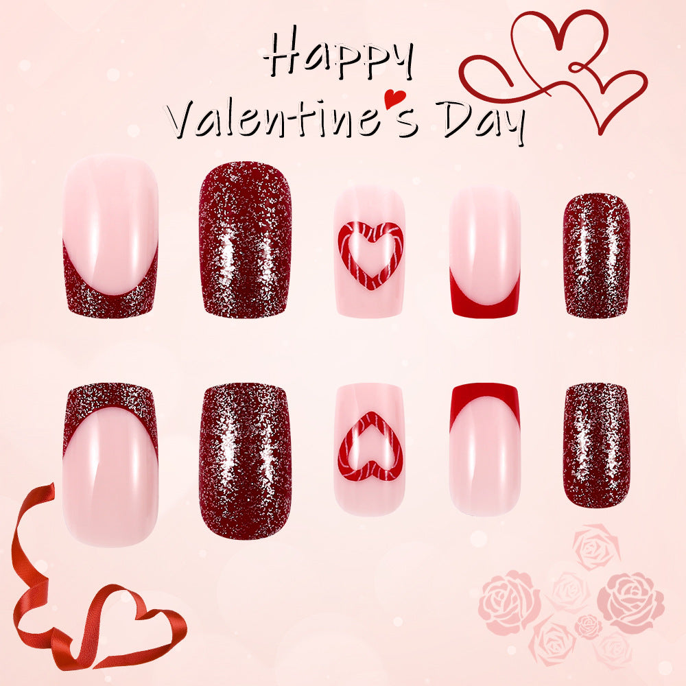 Romantic Hearts Valentine Press On Nail Set Short Square Pink and Red with Glittering Heart Designs