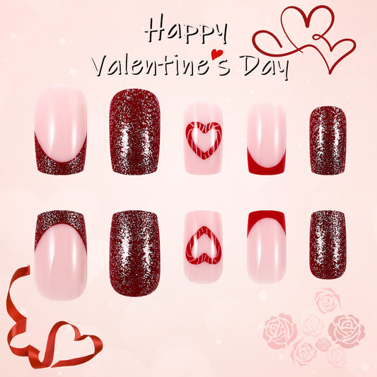 Romantic Hearts Valentine Press On Nail Set Short Square Pink and Red with Glittering Heart Designs