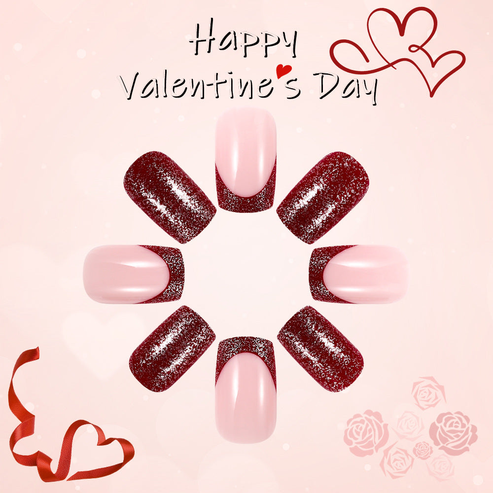 Romantic Elegance Press on Nail Set Short Square Pink and Red Glitter Ombre Finish