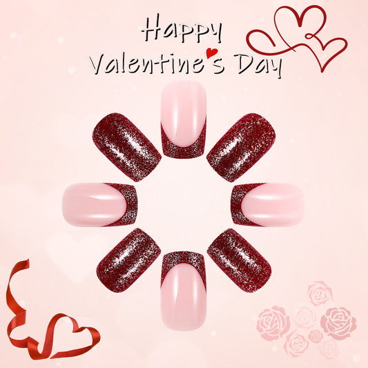 Romantic Elegance Press on Nail Set Short Square Pink and Red Glitter Ombre Finish
