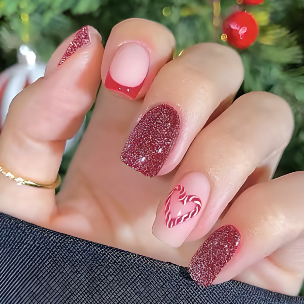 Festive Glamour Short Square Length Burgundy and Glittery with Candy Cane Heart Design Press-On Nail Set