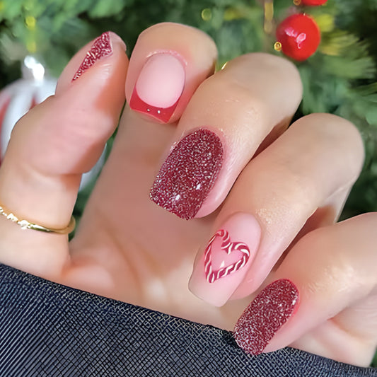 Festive Glamour Short Square Length Burgundy and Glittery with Candy Cane Heart Design Press-On Nail Set