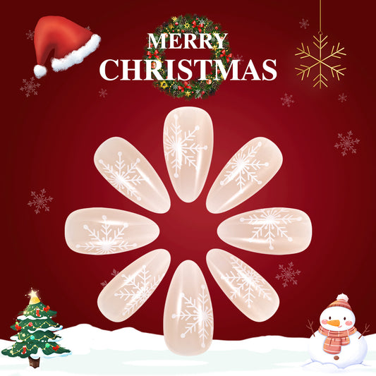 Charming Winter Wonderland Short Almond White Press-On Nail Set with Snowflake Design