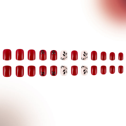 Glamorous Romance Short Square Red Nail Set with Intricate Black Leaf Designs