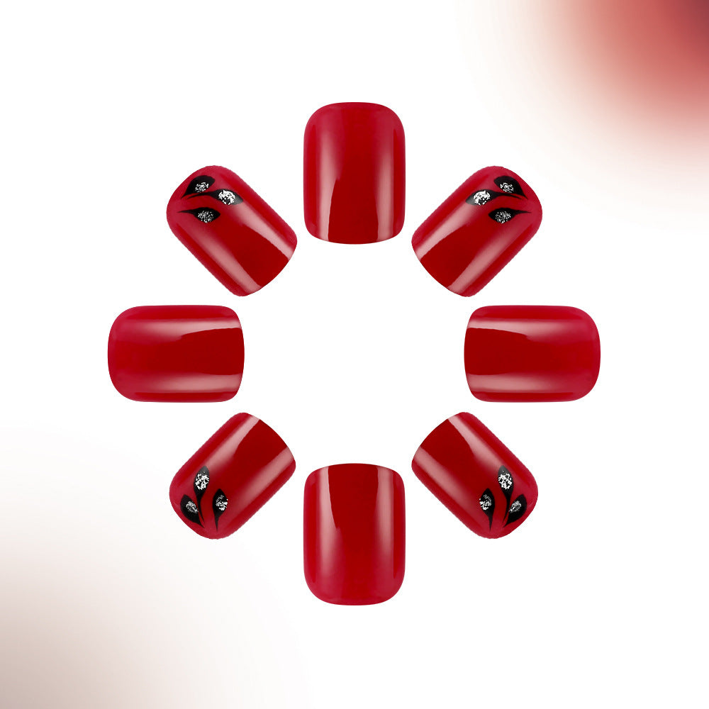 Glamorous Elegance Short Square Ruby Red Press On Nails with Stunning Sparkle Accent