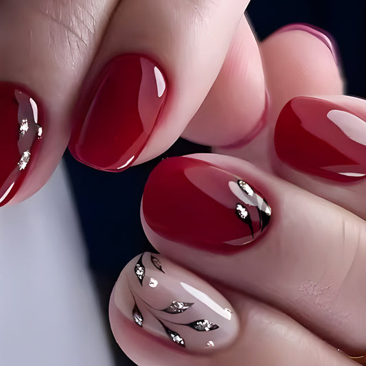 Glamorous Elegance Short Square Burgundy and Beige Press on Nail Set with Sparkling Leaf Accents