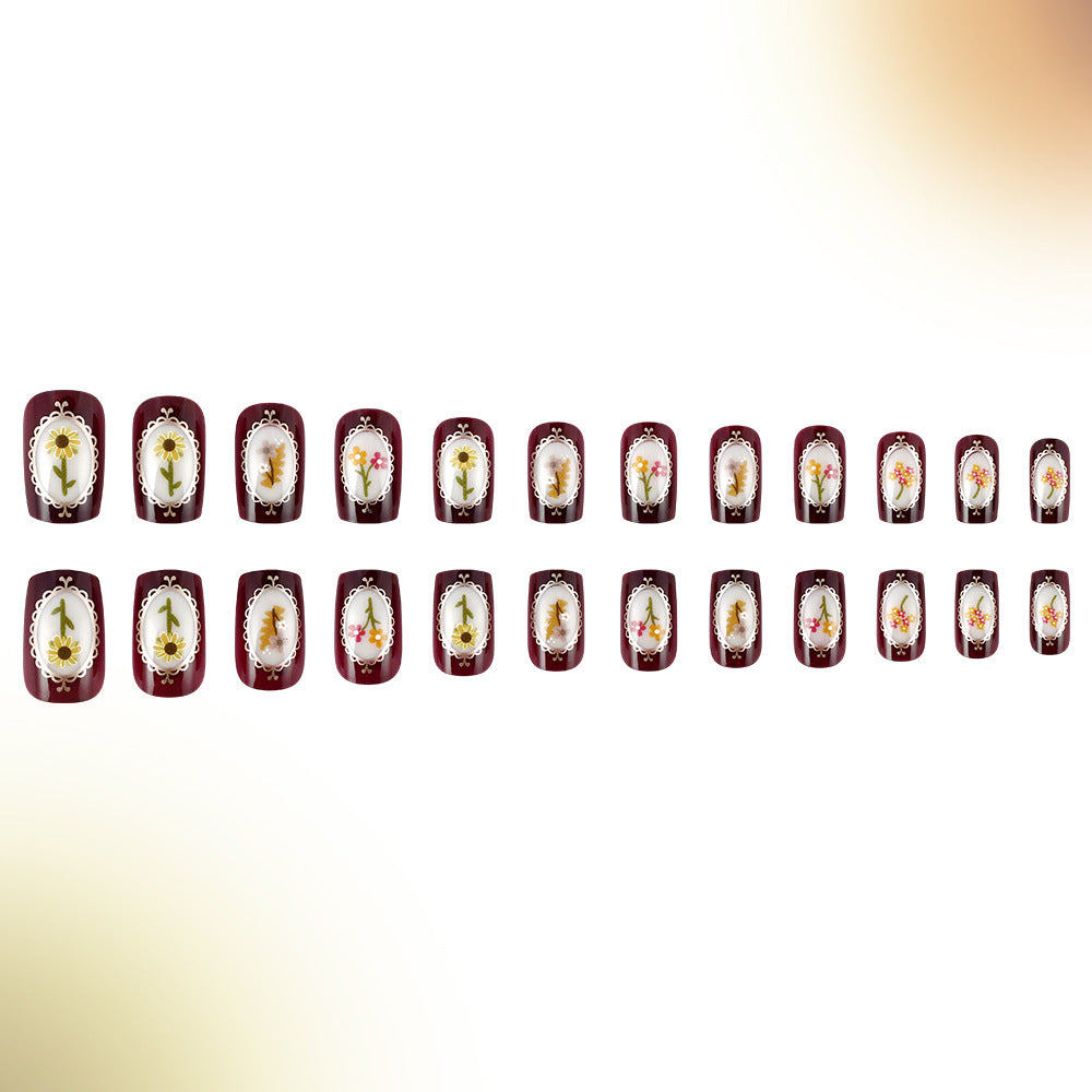 Botanical Elegance Short Square Burgundy Press-On Nail Set with Floral Artwork