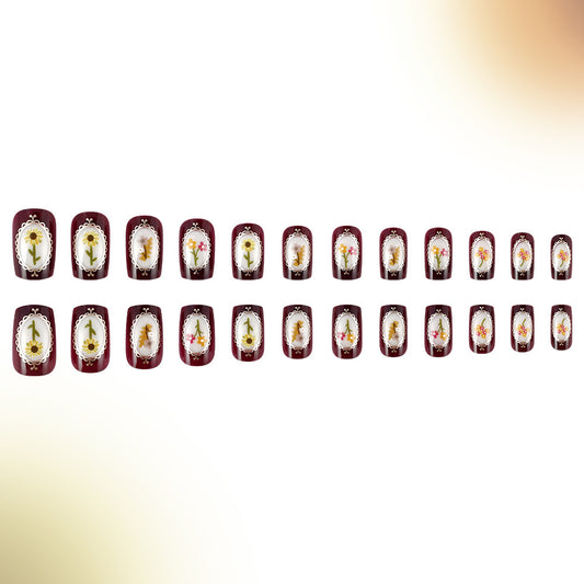 Botanical Elegance Short Square Burgundy Press-On Nail Set with Floral Artwork