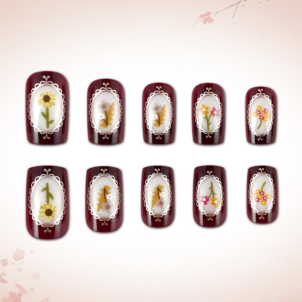 Floral Elegance Short Square Burgundy Nail Set with Delicate Flower Inlays