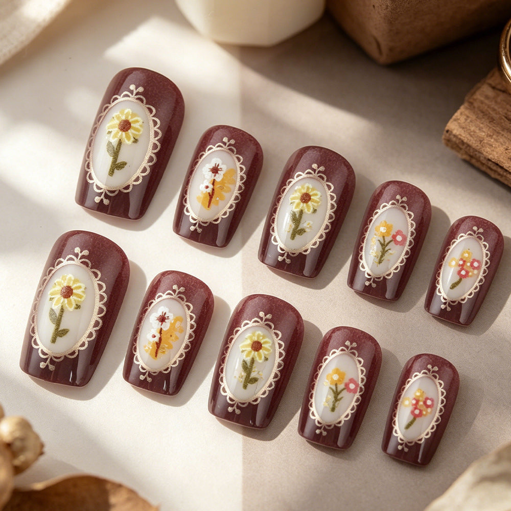 Floral Garden Medium Square Burgundy Press-On Nail Set with Decorative Flower Design