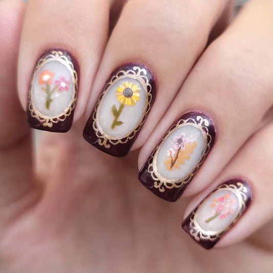 Bohemian Floral Elegance Short Square Burgundy Press On Nail Set with Intricate Flower Artwork