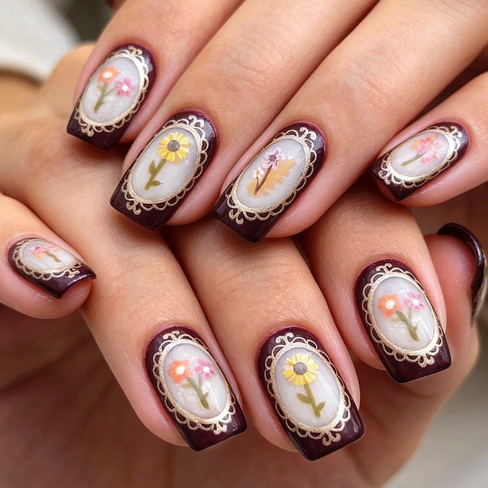 Floral Elegance Medium Square Burgundy Press On Nail Set with Delicate Flower Designs