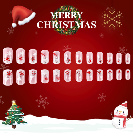 Festive Winter Wonderland Medium Square Red and Clear Press-On Nail Set with Glitter Snowflake Accents