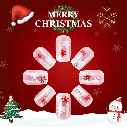 Winter Wonderland Classic Medium Square Pink with Glitter and Snowflake Design Nail Set