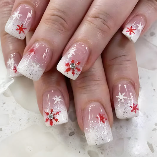 Winter Wonderland Medium Square Red and White Glitter Snowflake Press On Nail Set with Rhinestone Accent