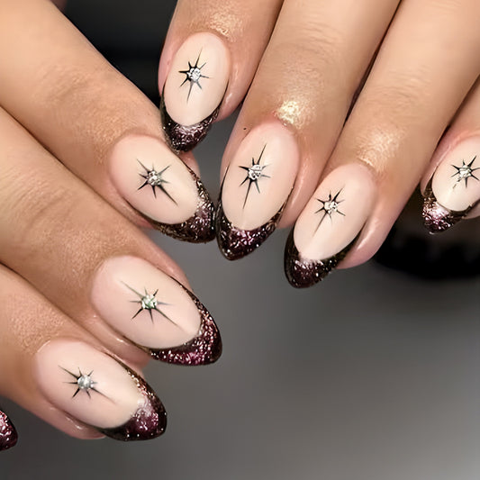 Celestial Glamour Medium Almond Burgundy Glitter Nail Set with Stunning Star Accents