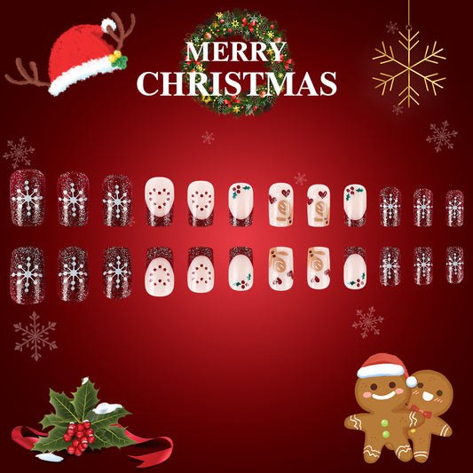 Festive Cheer Short Square Red with Sparkle and Snowflake Design Press-On Nail Set