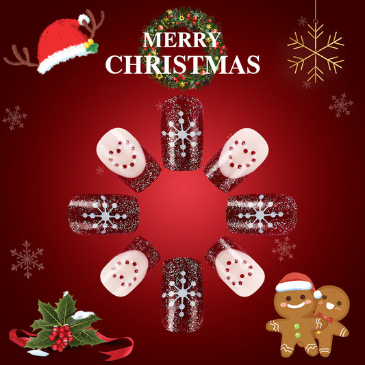 Festive Holiday Celebration Short Square Red and White Glitter Snowflake Nail Set