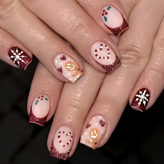 Festive Winter Wonderland Short Square Burgundy Glitter Nails with Charming Holiday Designs