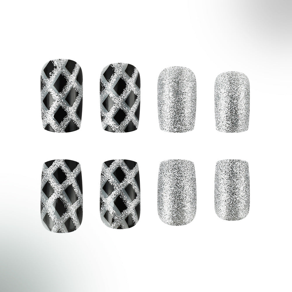 Glamorous Night Sparkle Short Square Black and Silver Glitter Press On Nail Set with Intricate Lattice Design