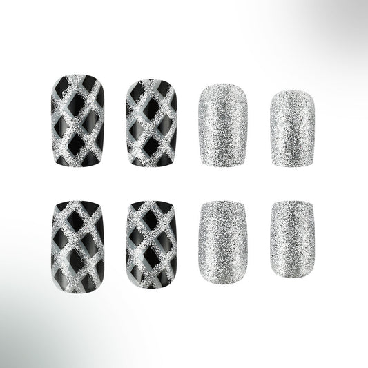 Glamorous Night Sparkle Short Square Black and Silver Glitter Press On Nail Set with Intricate Lattice Design