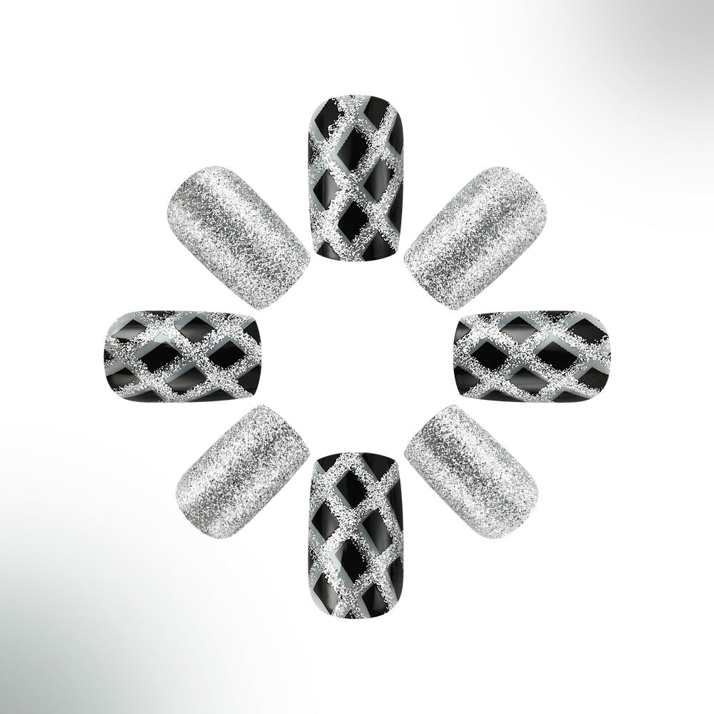 Glamorous Night Out Short Square Silver Glitter Press On Nail Set with Intricate Lattice Design