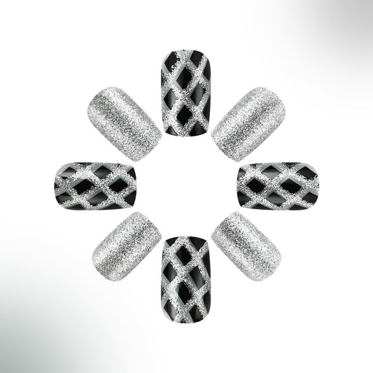 Glamorous Night Out Short Square Silver Glitter Press On Nail Set with Intricate Lattice Design